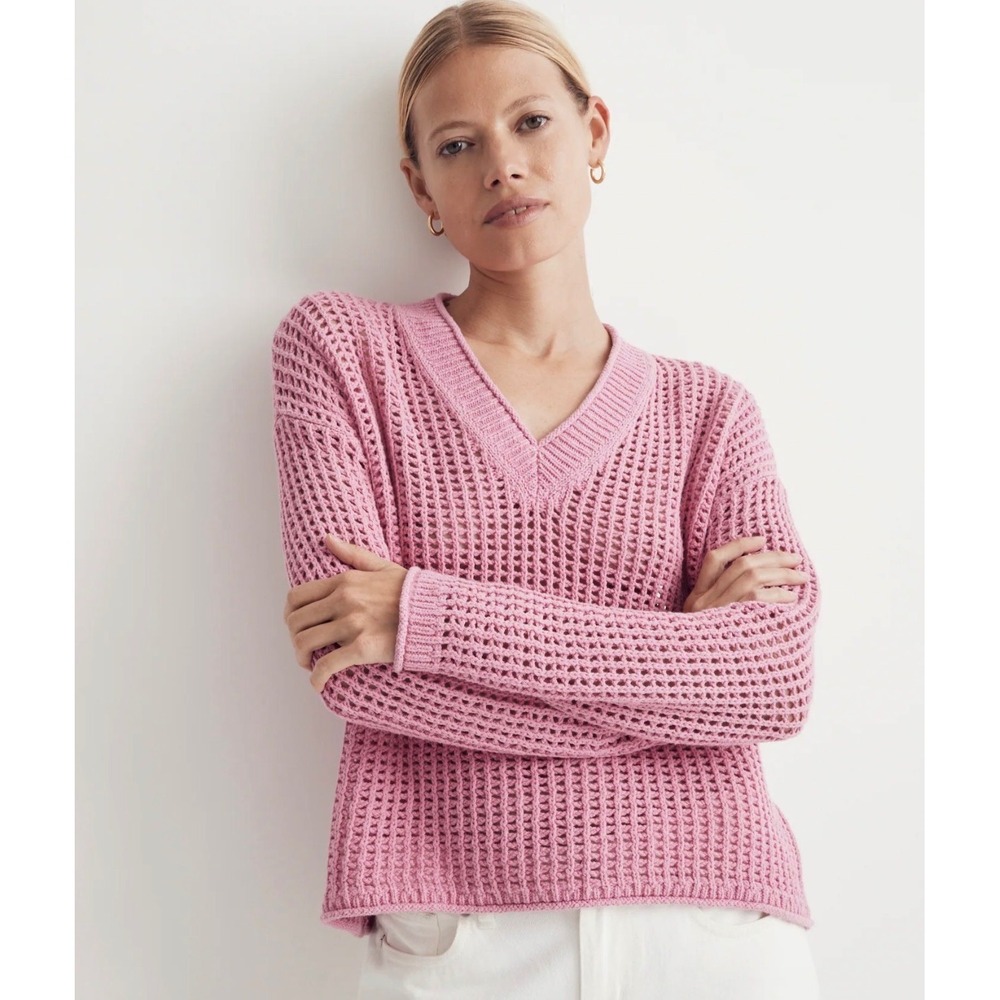 Madewell Pink‎ Open-Knit V-Neck Sweater Relaxed Fit NL189 Womens XL